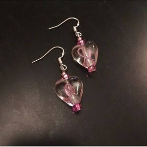 TWO Pair of Pink Ribbon Lampwork Heart Earrings